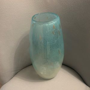 Light Blue Splatter Blue Art Glass Vase 12” Tall w/ Copper Splatters throughout